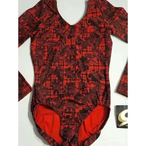 GK Elite AM Long Sleeve VTG Cotton Leotard Bodysuit Red Plaid Floral Size M, NWT - Picture 2 of 13